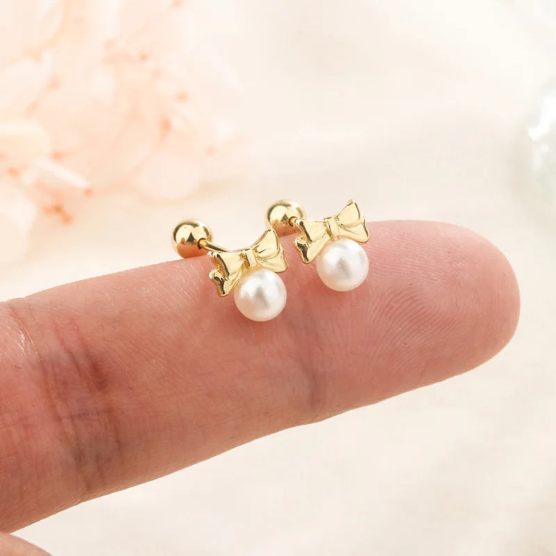 Fashion Cute Pink Zircon Bear Piercing Screw Ball Stud Earrings For Women Girl Gold Color Clover Charm Party Jewelry Accessories