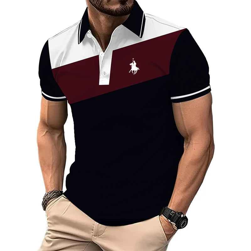 Summer Men Casual Short Sleeve Lapel Slim Fit Polo Shirt Men Spell Color Fitness Tops .