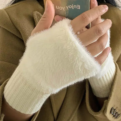 Mink Fleece Soft Winter Half Finger Gloves Women Warm Luxury Solid White Plush Knitted Fingerless Gloves Wrist Mittens Writting