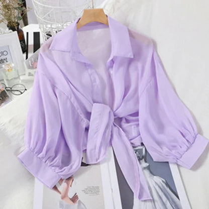 Casual Loose Hollow White Clothes Elegant Solid Color Tied Waist Blouse Women Summer Bat Half Sleeve Button Chiffon Shirt 9776