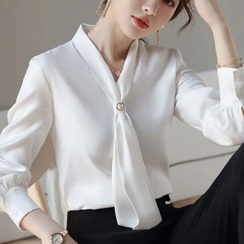 Women Spring Autumn Style Blouses Shirts Lady Casual Long Sleeve Bow Tie Collar Blusas Tops DF4958