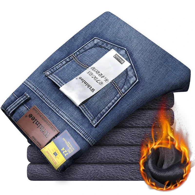 Winter Thermal Warm Flannel Stretch Jeans Mens Winter Quality Famous Brand Fleece Pants Straight Flocking Trousers Denim Jean