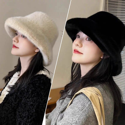 Fluffy Fur Fisherman Hat For Women Winter Plush Ear Protection Cap Windproof Warm Female Panama Caps Solid Fashion Bucket Hat