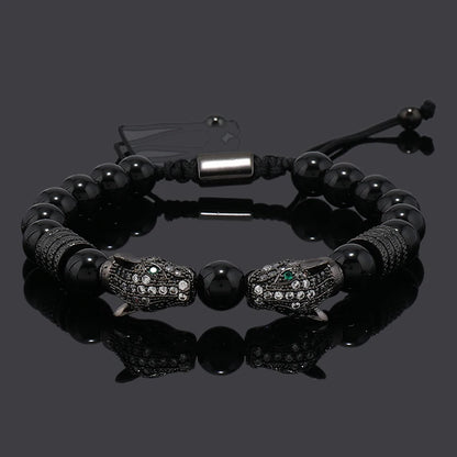 Luxury Black Stone Beads Man Bracelet Leopard Head Charms Women Bracelets Couple Jewelry Valentine's Day