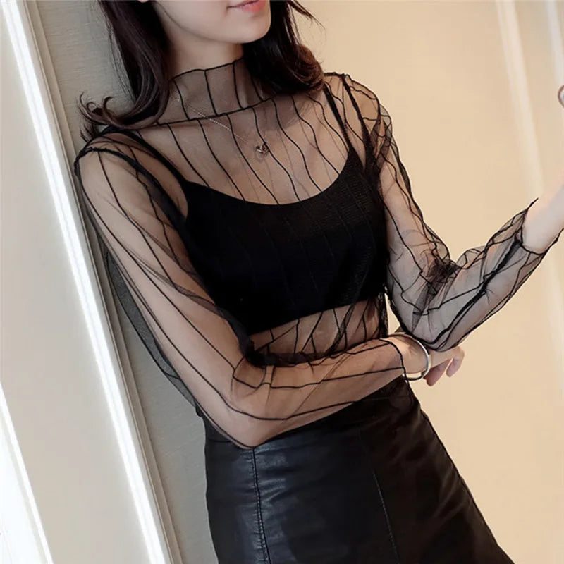 New Transparent See Through Shirt Women Sexy Harajuku Mesh Tops Net Undershirt Star Base Top Camisas Femininas Clubwear SheerTee