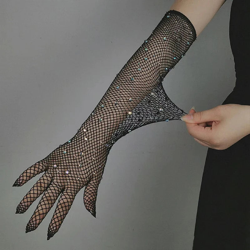 Sexy Elastic Rhinestones Mesh Gloves Fishing Net Arm Sleeve Women Diamond Full Finger Thin Long Gloves Club Music Party Clothing