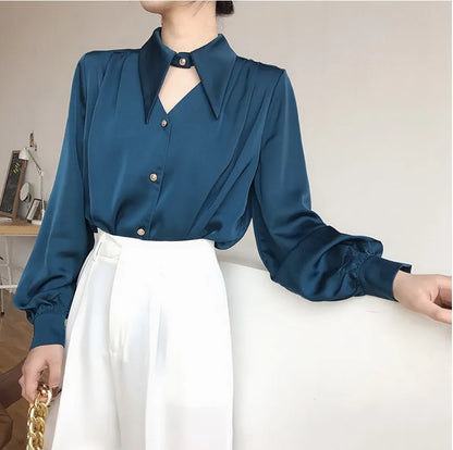 Women's Satin Shirt Spring Autumn Korean Temperament Long-sleeved Button-down Shirts Office Lady Work Wear Female Blouses Top