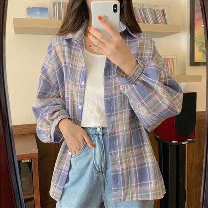 Plaid Shirt Women Autumn Long Sleeve Top Female Vintage Fashion Single Breasted Blouse Ladies Preppy Style Loose Check Shirts