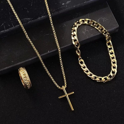 Punk Cross Pendant Necklace Bracelet Chain Ring Men's Set Simple Personality Hip Hop Party Three Piece Jewelry Accessories