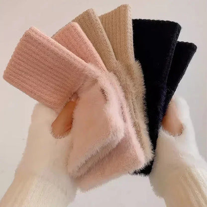 Mink Fleece Soft Winter Half Finger Gloves Women Warm Luxury Solid White Plush Knitted Fingerless Gloves Wrist Mittens Writting