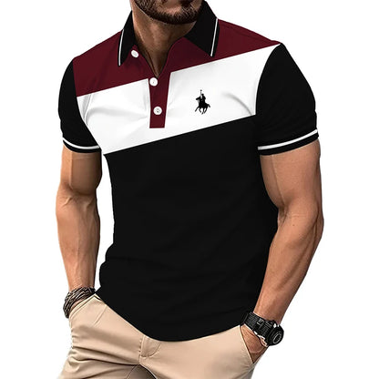 Summer Men Casual Short Sleeve Lapel Slim Fit Polo Shirt Men Spell Color Fitness Tops .