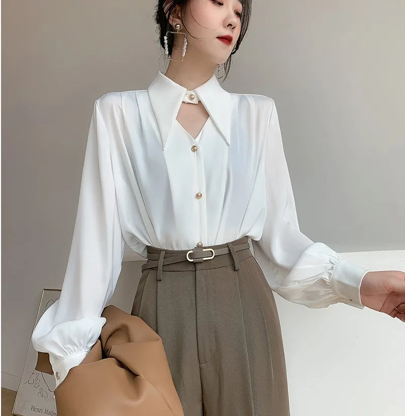 Women's Satin Shirt Spring Autumn Korean Temperament Long-sleeved Button-down Shirts Office Lady Work Wear Female Blouses Top