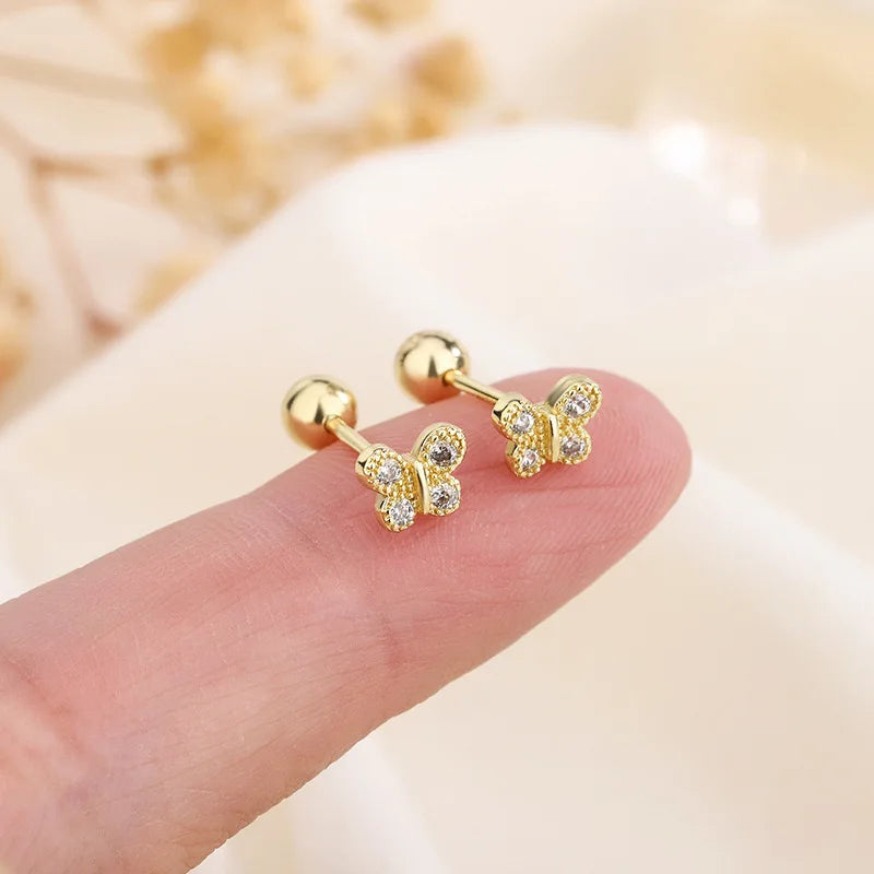 Fashion Cute Pink Zircon Bear Piercing Screw Ball Stud Earrings For Women Girl Gold Color Clover Charm Party Jewelry Accessories