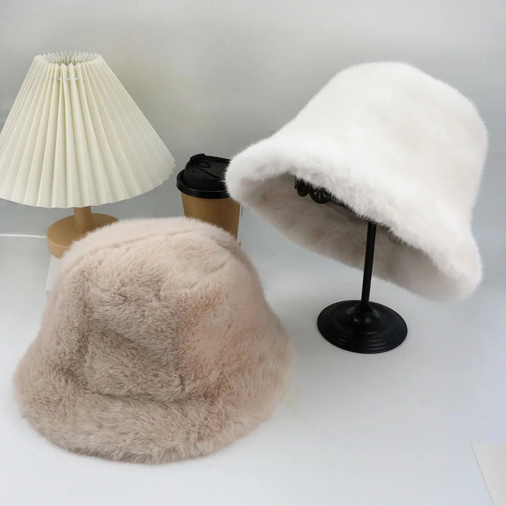 Fluffy Fur Fisherman Hat For Women Winter Plush Ear Protection Cap Windproof Warm Female Panama Caps Solid Fashion Bucket Hat