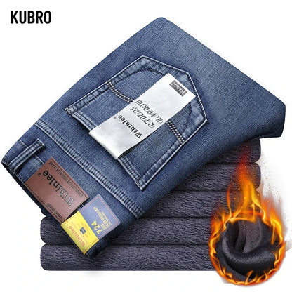 Winter Thermal Warm Flannel Stretch Jeans Mens Winter Quality Famous Brand Fleece Pants Straight Flocking Trousers Denim Jean