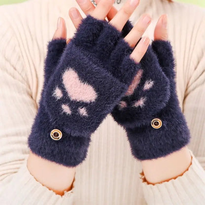 Thicken Women Warm Cat Gloves Fashion Girls Cat Claw Paw Plush Mittens Soft Plush Short Fingerless Half Finger Winter Gloves