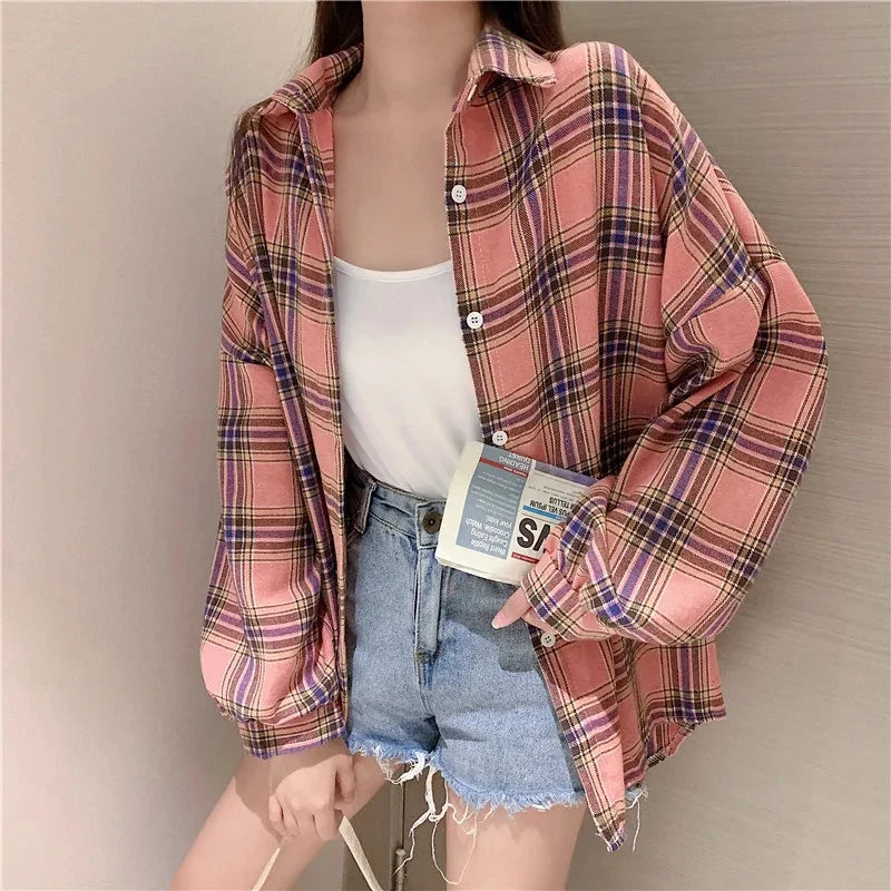 Plaid Shirt Women Autumn Long Sleeve Top Female Vintage Fashion Single Breasted Blouse Ladies Preppy Style Loose Check Shirts