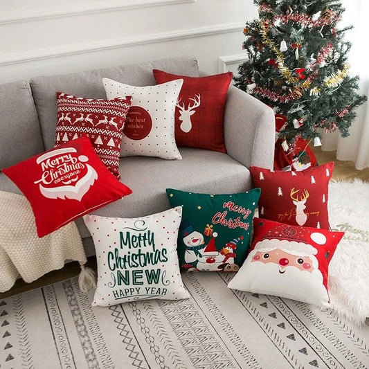 Christmas cartoon pillow cover, Santa Claus, reindeer, snowman, cute pillowcase, home celebration, red creative gift