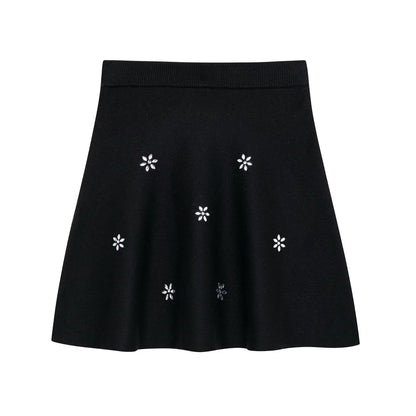 Knitted Rhinestone Mini Skirts Set Women 2 Pieces Short Sleeve Sweater A-line Skirt Pleated Elegant New Lady All-matching Outfit