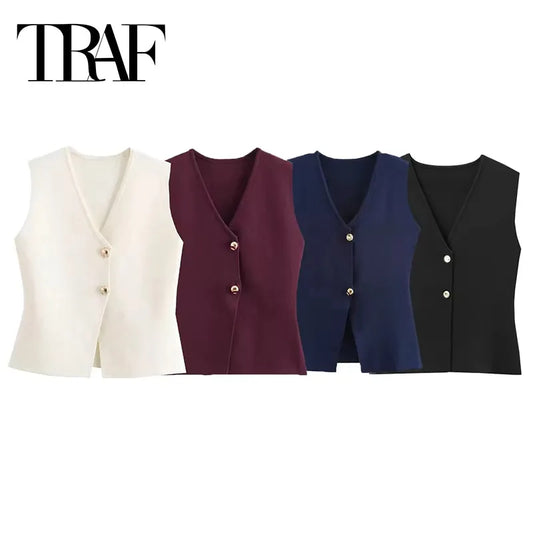 TRAF Woman Knit Vest Top Cropped Sleeveless Vests for Women 2024 Button Summer Vest Top Female Holiday Knitted Short Tops