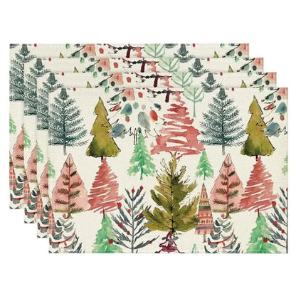 4PCS Christmas Placemats 30x45cm Linen Christmas Trees Snowflake Gnome Print Table Mats 2024 Xmas Table Pads For Home Hotel