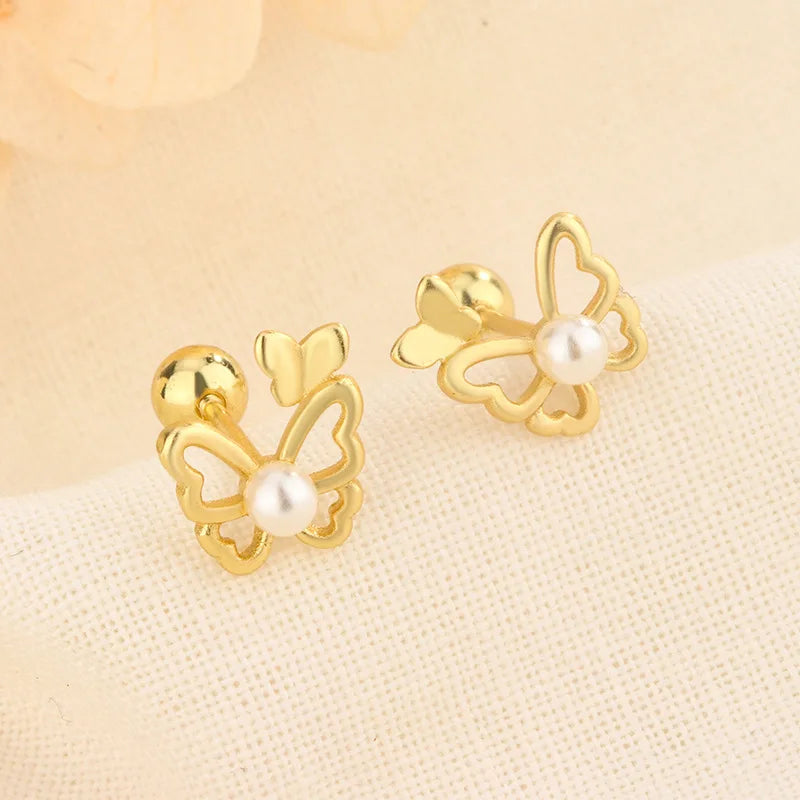 Fashion Cute Pink Zircon Bear Piercing Screw Ball Stud Earrings For Women Girl Gold Color Clover Charm Party Jewelry Accessories