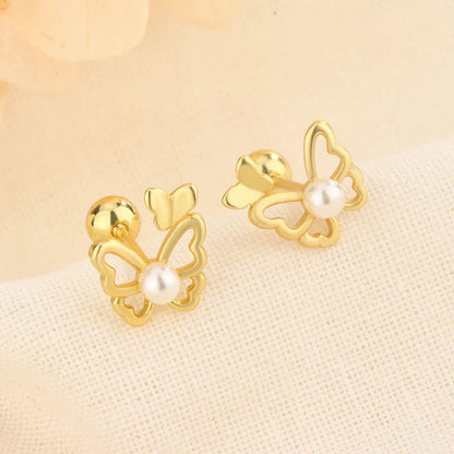 Fashion Cute Pink Zircon Bear Piercing Screw Ball Stud Earrings For Women Girl Gold Color Clover Charm Party Jewelry Accessories