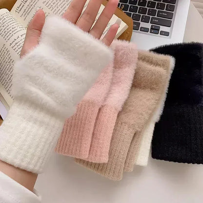 Mink Fleece Soft Winter Half Finger Gloves Women Warm Luxury Solid White Plush Knitted Fingerless Gloves Wrist Mittens Writting