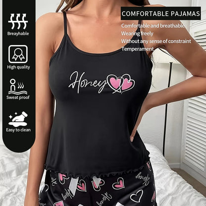 Women's Sleepwear Pyjama Set Black Comfortable Casual Print Short Sleeveless Pajamas Set Homewear