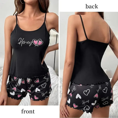 Women's Sleepwear Pyjama Set Black Comfortable Casual Print Short Sleeveless Pajamas Set Homewear