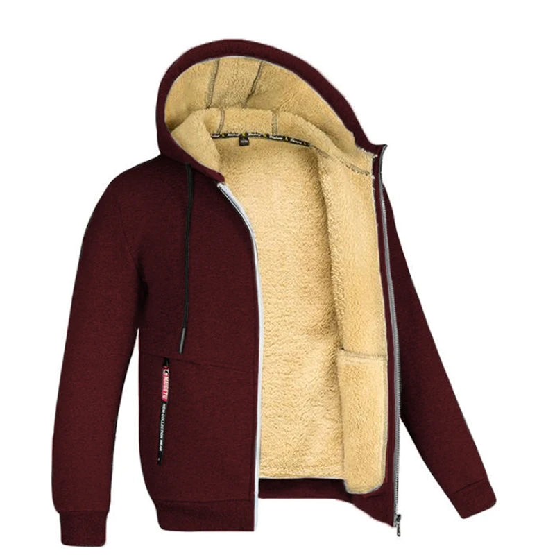 Trendy Sweatshirt Coat Front Pockets Warm Zipper Lamb Wool Jacket  Men and Woman Winter Pure Color Plush Lined Cardigan Hoodie