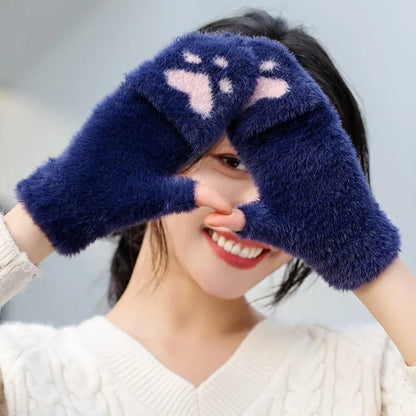 Thicken Women Warm Cat Gloves Fashion Girls Cat Claw Paw Plush Mittens Soft Plush Short Fingerless Half Finger Winter Gloves