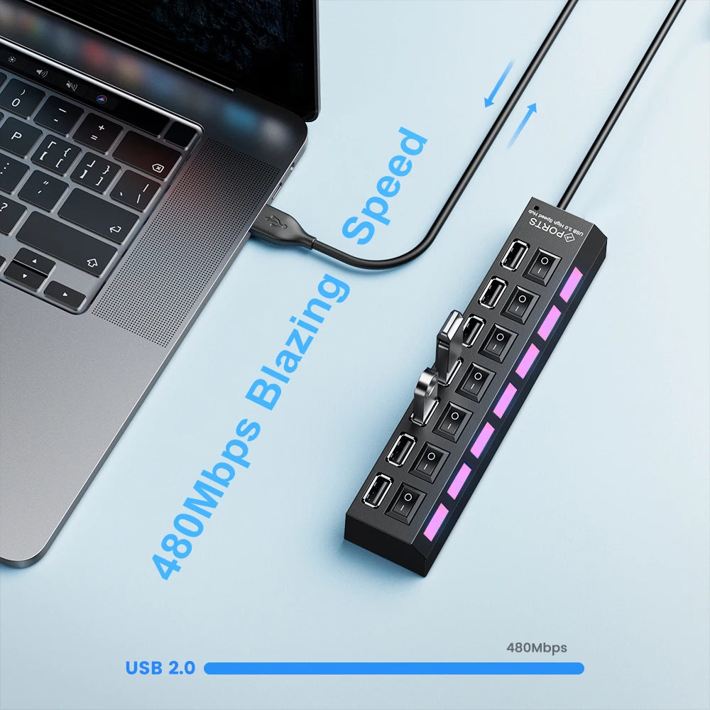 USB 2.0 Hub Multi USB Splitter Ports Hub Use Power Adapter 4/ 7 Port Multiple Expander Hub with Switch 30CM Cable For Home