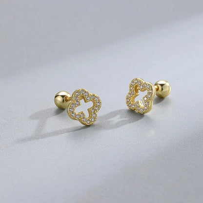 Fashion Cute Pink Zircon Bear Piercing Screw Ball Stud Earrings For Women Girl Gold Color Clover Charm Party Jewelry Accessories